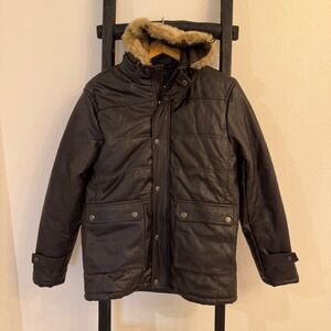 Emporio & Co Mens Brown Faux Leather Puffer Jacket Coat with Faux Fur Hood Large